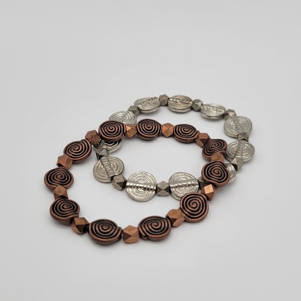 Copper and Silver Tone Metal Swirl Discs Beaded Stretch Bracelets, Lot of 2